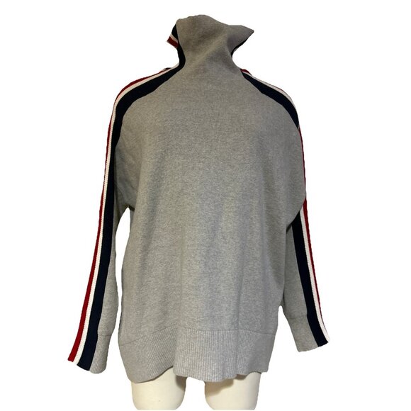 Tommy Hilfiger High Neck Striped Sleeve Sweater Women’s Size L Grey Oversized - Picture 1 of 10